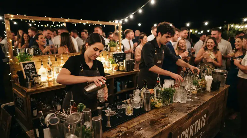 Bartenders trabajando en una barra móvil durante una boda