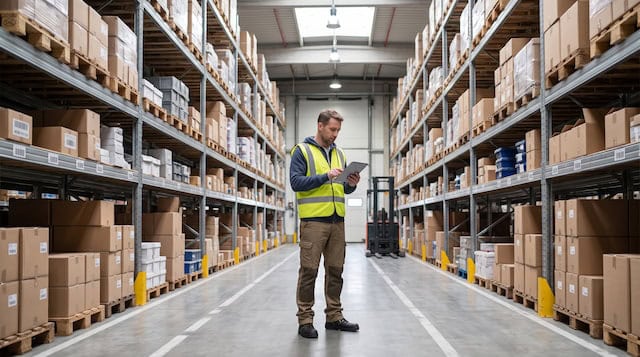 Trabajador consultando información de inventario en un almacén