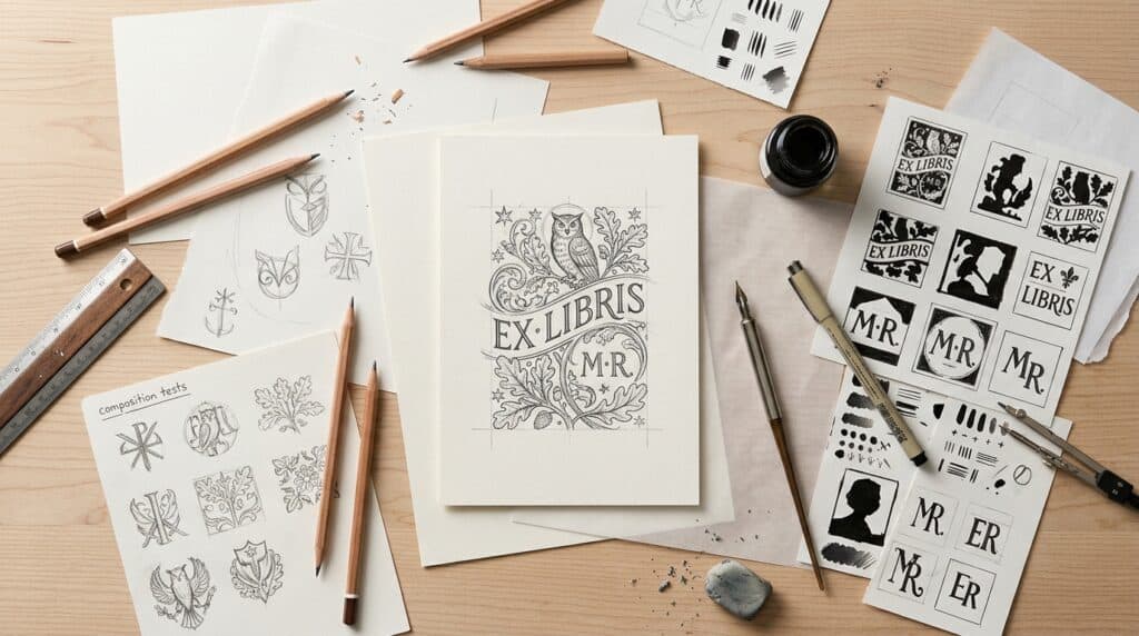 Bocetos y pruebas para diseñar un ex libris personalizado
