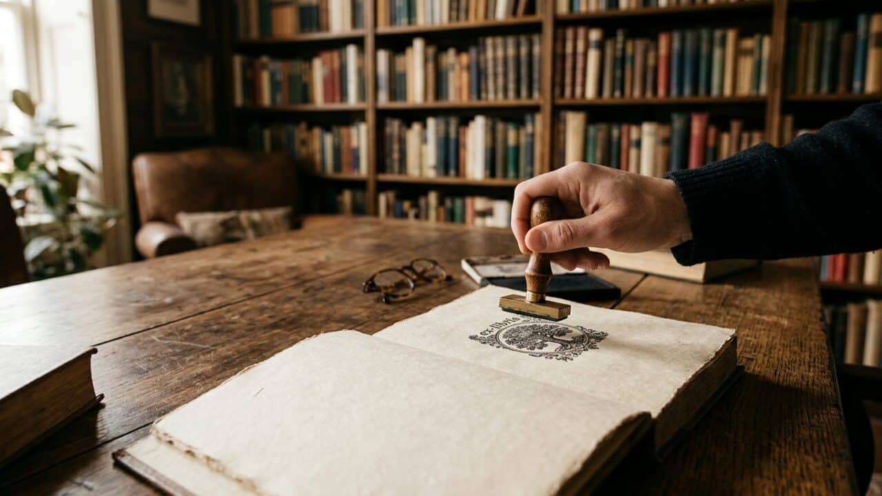 Ex libris estampado en un libro de una biblioteca personal