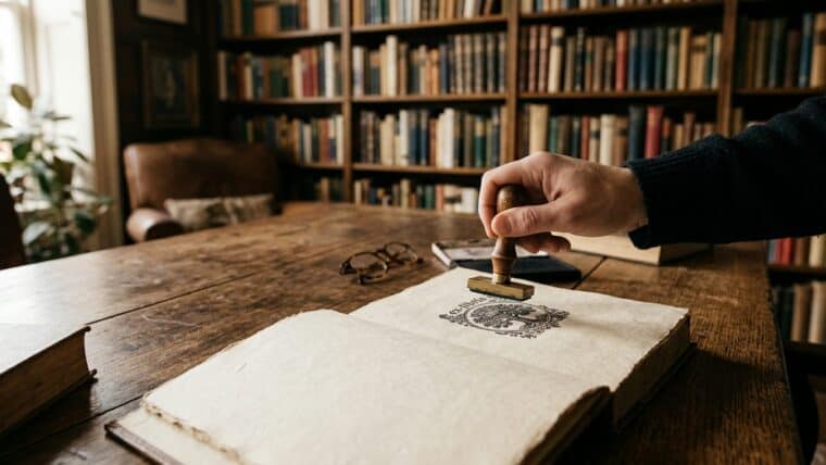 Ex libris estampado en un libro de una biblioteca personal